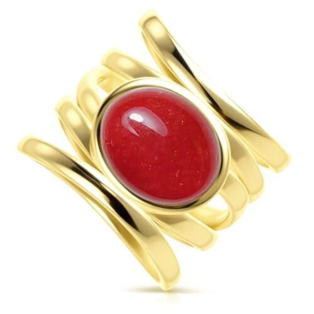 4615 Natural Red Quartz Jasper Stone Multi-Lines Wide Ring,18K Yellow Gold